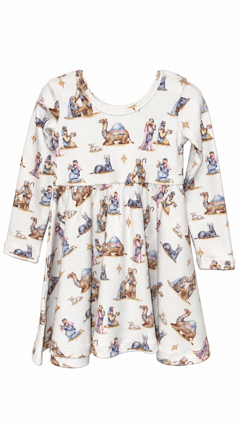 Cream long-sleeve dress with watercolor Nativity figures, camels, donkeys and gold stars, a round neckline and a full skirt.
