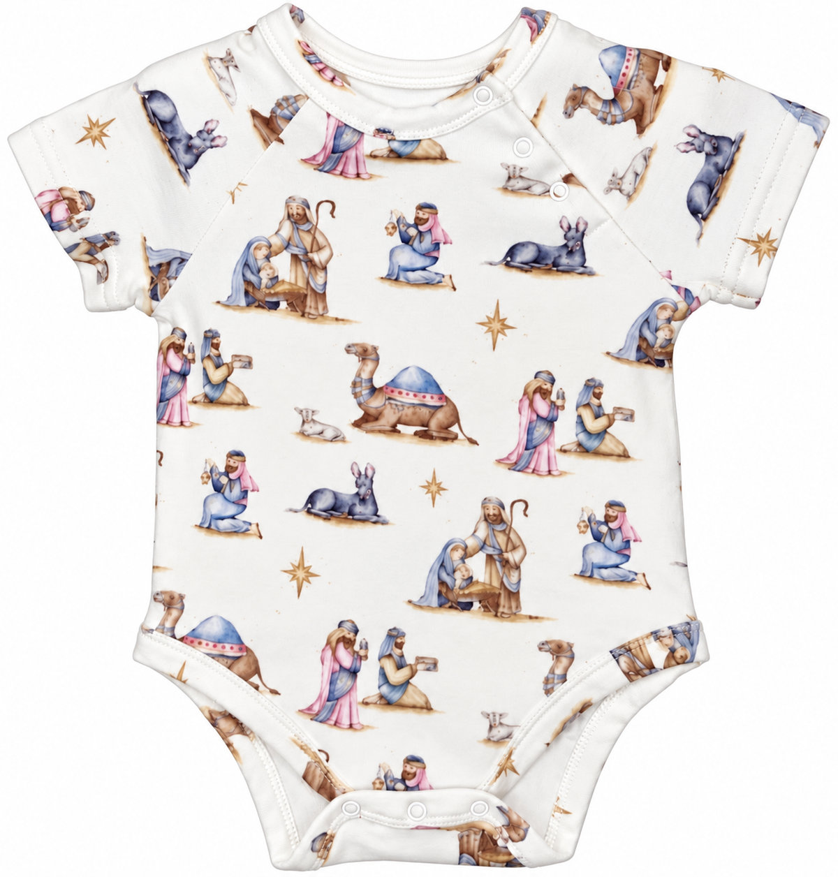 White short-sleeve baby bodysuit with watercolor Nativity scenes, gold stars, and snaps at the shoulder and bottom.