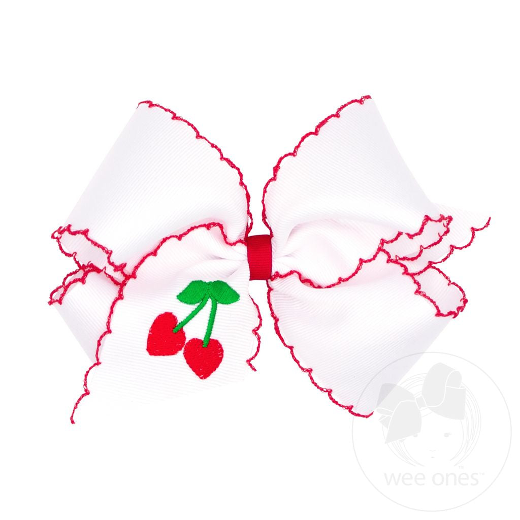 King Grosgrain Hair Bow with Moonstitch Edge and Cherries Embroidery
