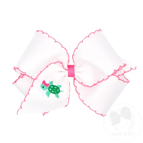 King Grosgrain Hair Bow with Moonstitch Edge and Turtle Embroidery