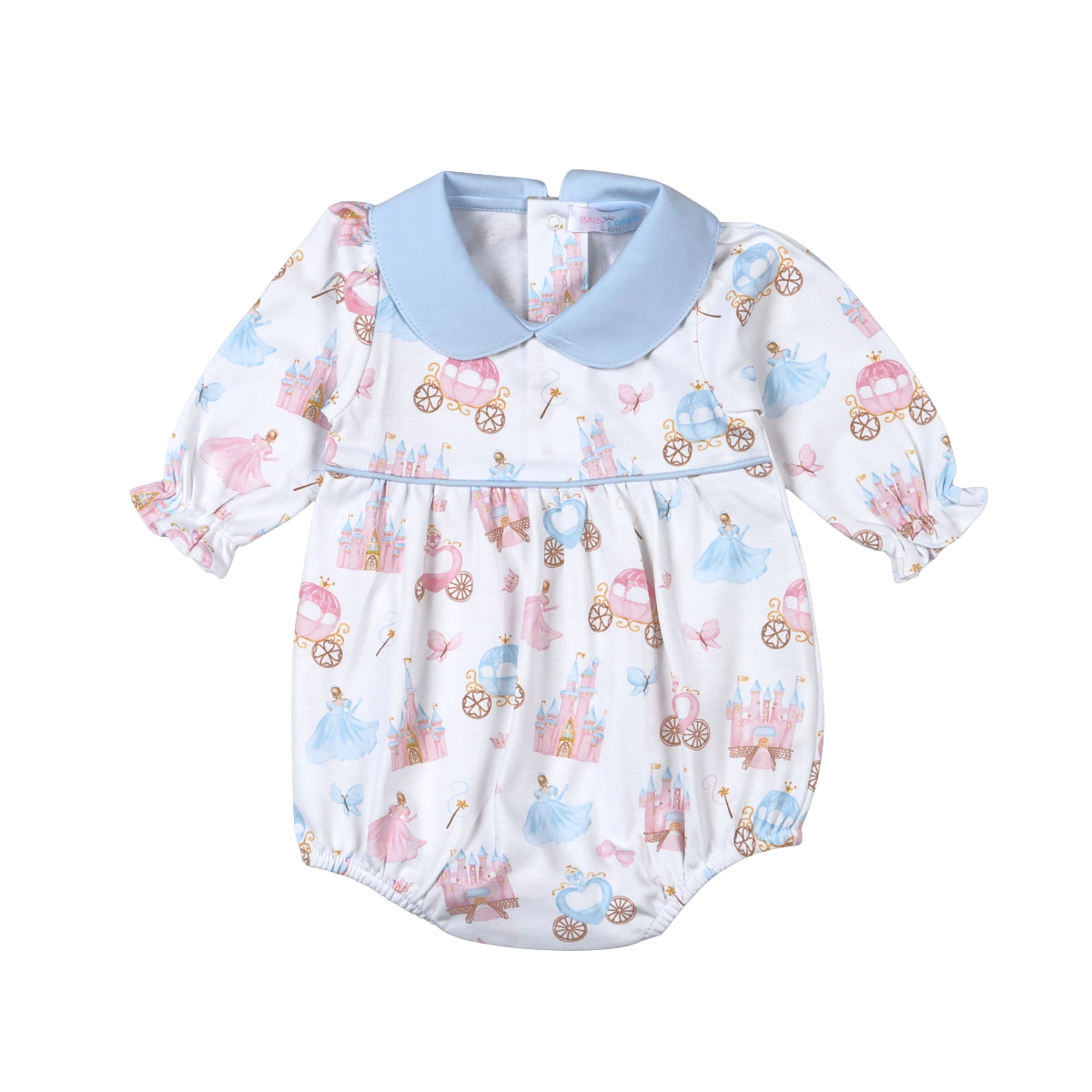 Baby Loren white bubble romper with pastel princess, castle, and carriage print, a light blue Peter Pan collar, and ruffled sleeve cuffs.