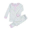 Two-piece Christmas tree print loungewear with a pink ruffled neckline, button placket, and matching pink cuffs.