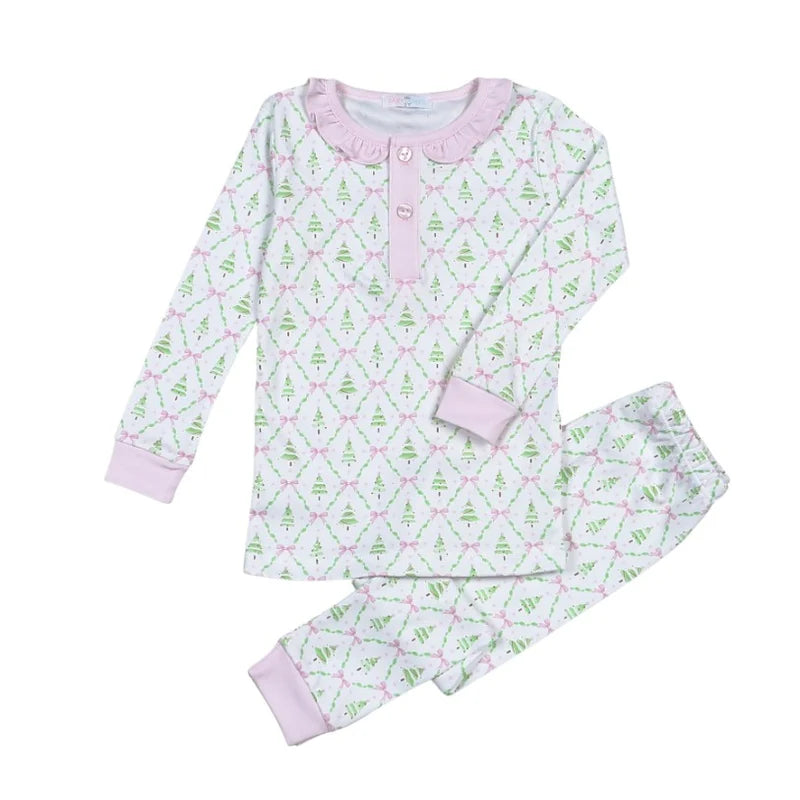 Two-piece Christmas tree print loungewear with a pink ruffled neckline, button placket, and matching pink cuffs.