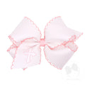 King White/Pink Grosgrain Hair Bow with Moonstitch Edge and Cross Embroidery on Tail