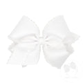 King White Grosgrain Hair Bow with Moonstitch Edge and Cross Embroidery on Tail