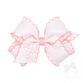 Medium White/Pink Grosgrain Hair Bow with Moonstitch Edge and Cross Embroidery on Tail